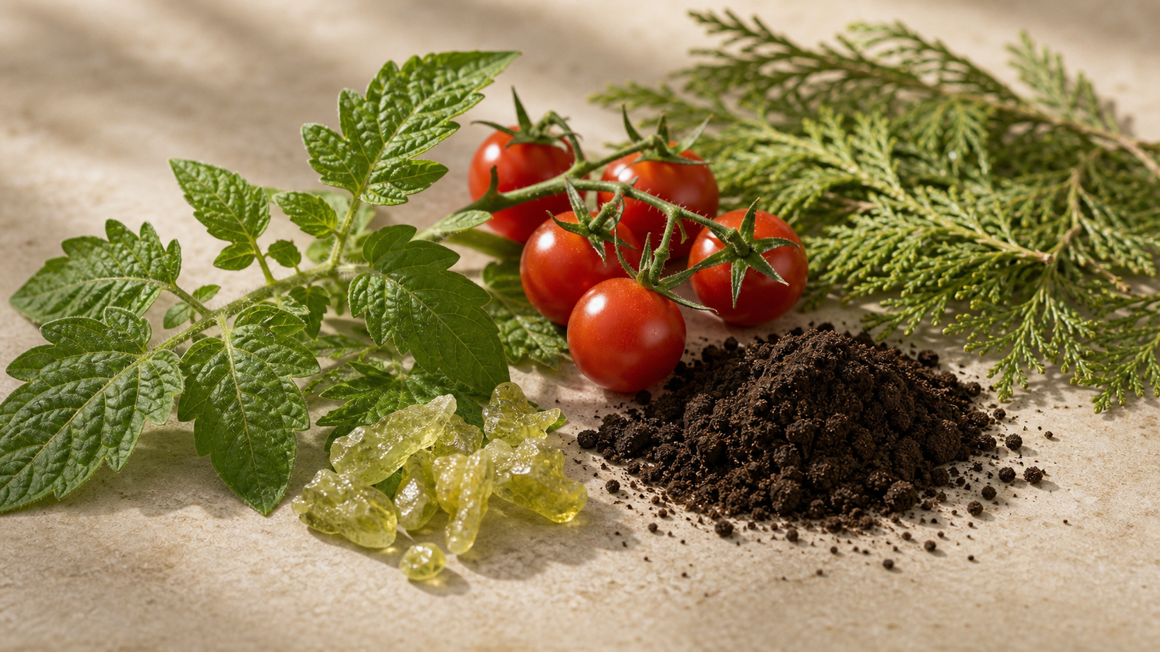 Ilustración hojas de tomatera, tomate y tierra húmeda.
