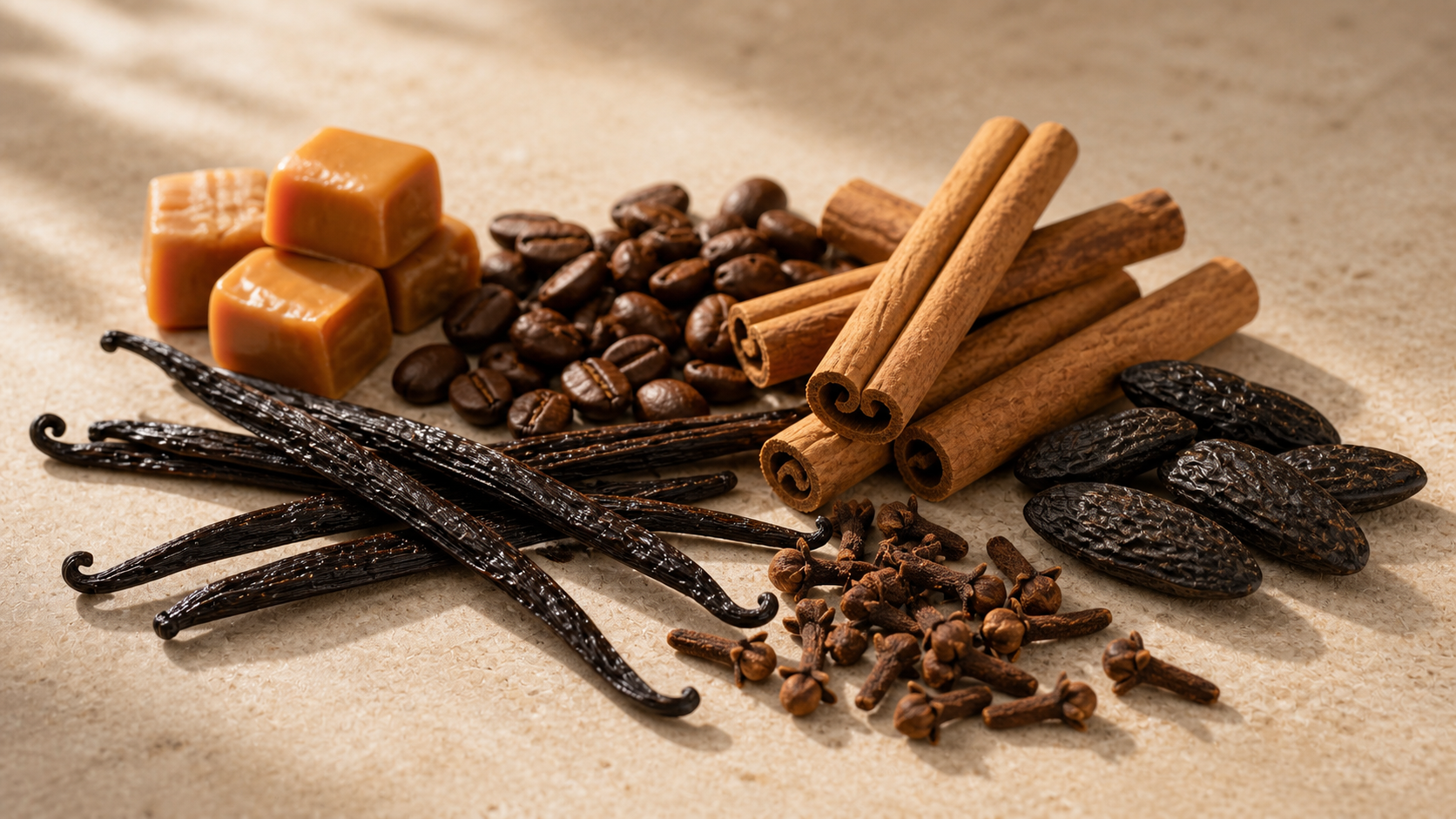 Ilustración vainilla, canela de Ceylon, café y caramelo.